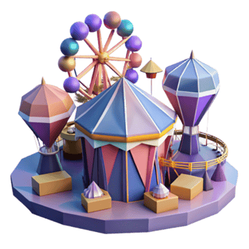 Whimsical Fairground Fun Illustration Ferris Wheel, Carousel, and Hot Air Balloons png