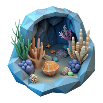 Low Poly Render of an Underwater Cave Scene with Coral Reef and Gemstone png