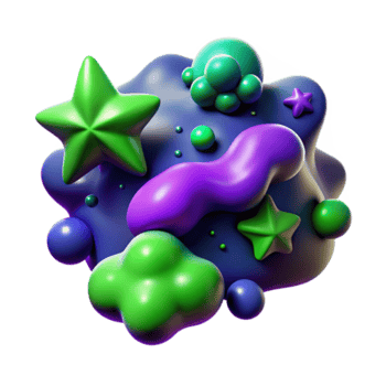 Vibrant Render of Abstract Shapes Green Purple and Blue Stars and Bubbles png