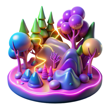 Vibrant Render of a Fantasy Landscape Glowing Path Through Colorful Hills and Trees png
