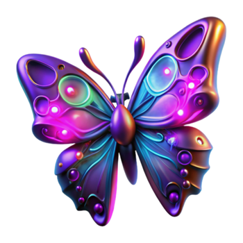 Glowing Butterfly Illustration, Vivid Colors, Abstract Insect Art, Purple and Teal Wings, Digital Render, Fantasy Butterfly Design, Ornate Details, Metallic Texture, Neon Lights, Surreal Insect png