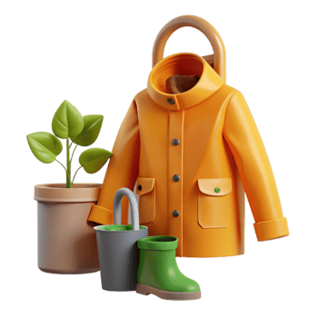 Illustration of Gardening Gear Yellow Raincoat, Green Boots, and Potted Plant png