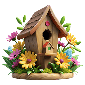 Charming Render of Birdhouse Nestled in Vibrant Spring Flowers png