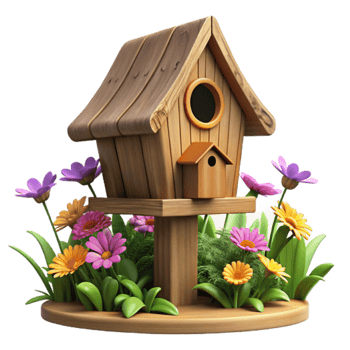 Charming Wooden Birdhouse Render Surrounded by Vibrant Spring Flowers png