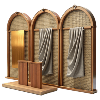 Render of Elegant Wooden Room Divider with Draped Fabric and Gold Panel png