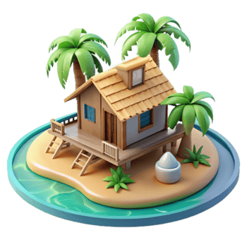 Tropical Island Getaway Render Cottage on Beach Island with Palm Trees png