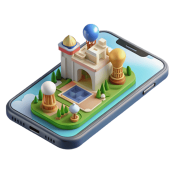 Isometric Illustration of a Mobile Phone Displaying a Whimsical Cityscape png