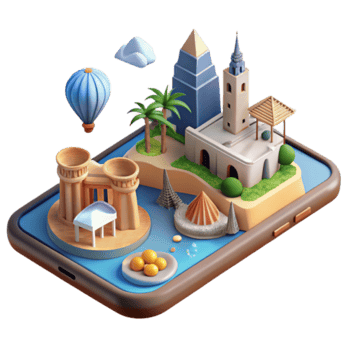 Isometric Illustration of a Mobile Phone Displaying a Whimsical Travel Scene png