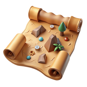 Render of Treasure Map Scroll Cartoonish Mountains, Gems, and Trees png