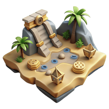 Render of Oasis Scene Ancient Steps, Palm Trees, and Mystical Artifacts png