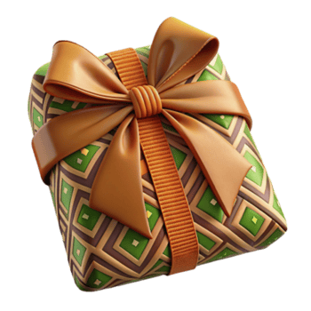 Render Gift Box Illustration Green Brown Orange Geometric Pattern Bow png