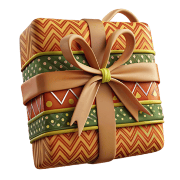 Render of Gift Box with Zigzag and Polka Dot Pattern, Festive Orange and Green Wrapping, Brown Ribbon Bow png