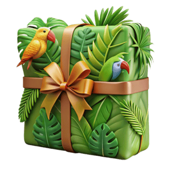 Tropical Gift Box Illustration Lush Green Leaves, Exotic Birds, and Golden Bow png