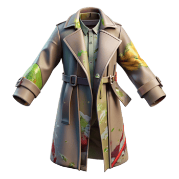Render of a Stylish Beige Trench Coat with Abstract Paint Splatter Design png