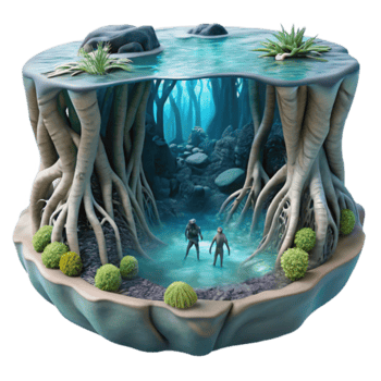 Enchanted Underwater Forest Illustration Mysterious Figures Explore a Submerged Grove png