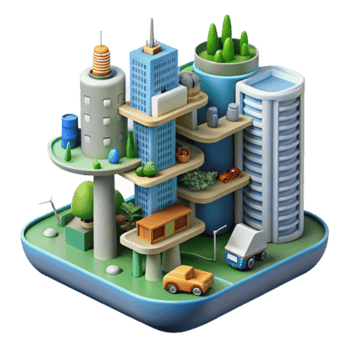 Vibrant Illustration of a Sustainable Cityscape with Eco-Friendly Buildings and Vehicles png