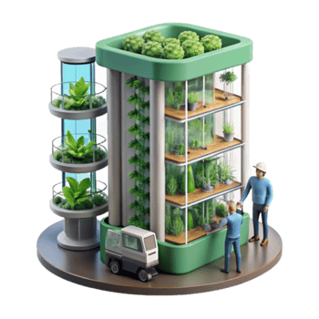 Vertical Farming Tower Illustration Futuristic Agriculture Design with Plants and Workers png