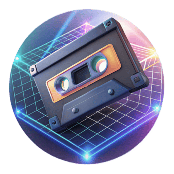 Retro Cassette Tape Illustration with Neon Grid Background png