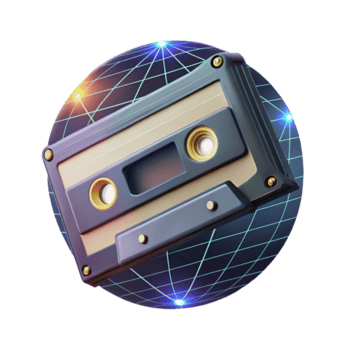 Retro Cassette Tape Illustration on a Neon Grid Background png