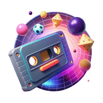 Retro Cassette Tape Illustration with Neon Grid and Abstract Shapes png