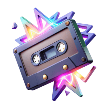 Retro Cassette Tape Illustration with Neon Lights and Geometric Shapes png