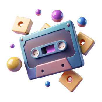 Render of Retro Cassette Tape with Colorful Spheres and Cubes png