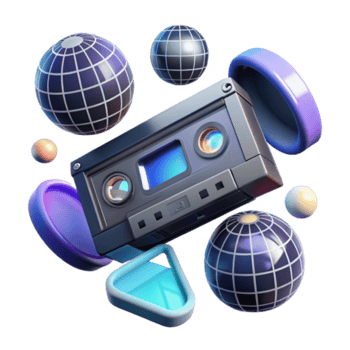 Retro Cassette Tape Illustration with Geometric Globes and Abstract Shapes png