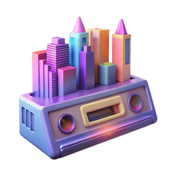 Render Cityscape on Retro Cassette Player Illustration png