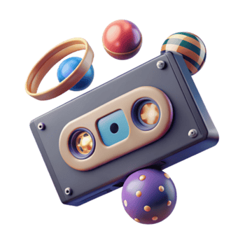 Retro Cassette Tape Render with Colorful Abstract Spheres Illustration png