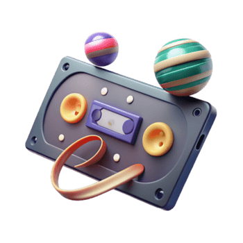 Retro Cassette Tape Illustration with Colorful Balls and Ribbon png