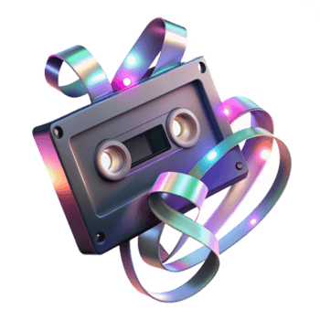 Retro Cassette Tape Illustration with Iridescent Ribbon png