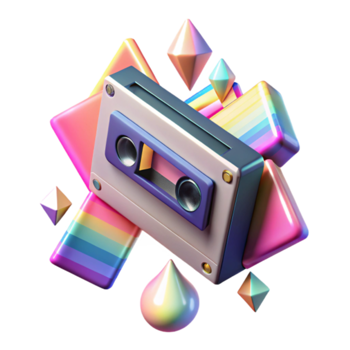 Retro Cassette Tape Illustration with Rainbow Geometric Shapes png