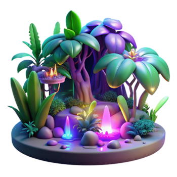 Enchanted Fantasy Forest Illustration Glowing Plants and Rocks png
