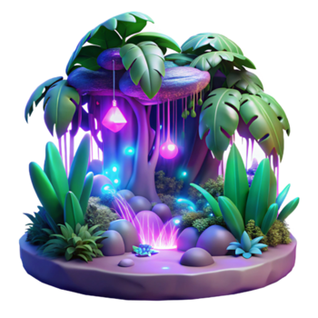 Enchanted Forest Illustration Lush Tropical Plants Glowing Bulbs Magical Scene Fantasy Nature png