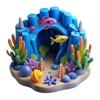 Vibrant Illustration of an Underwater Cave Scene with Colorful Fish and Coral png