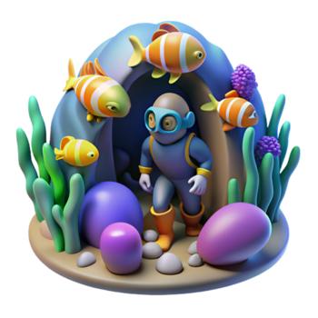 Render of Diver Exploring Underwater Cave with Colorful Fish and Coral Reef png