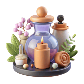 Serene Spa Still Life 3D Render Illustration Aromatic Candle, Herbs, and Glass Bottles png