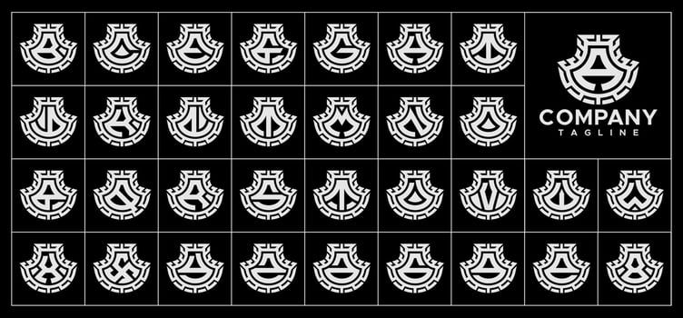 Futuristic line shield initial A-Z letter logo set vector