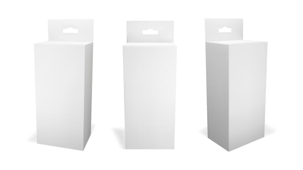 3d white hang box mockup. Blank rectangle carton product pack with hanger. Cream container with tab set of three. Realistic vertical pharmacy packaging front and side view. Empty paper dummy slot. vector