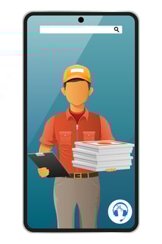 delivery man by phone courier service vector