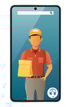 delivery man by phone courier service illustration isolated on background vector