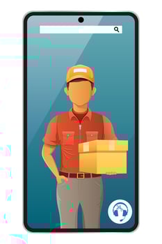 delivery man by phone service illustration isolated on white background vector