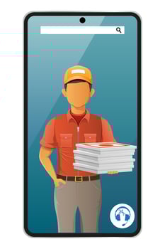 delivery man by phone courier service illustration isolated on white background vector
