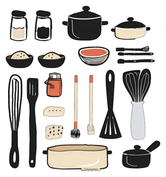 Assorted Kitchen Utensils and Cooking Pots Collection png