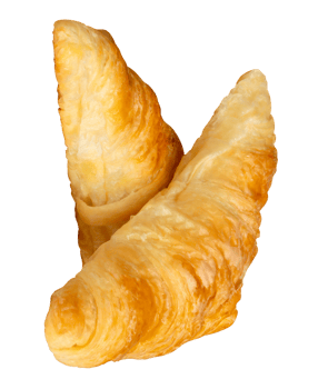 A vertical stack of two brown or golden croissants in stack isolated with clipping path in file format png