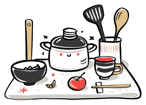 Cute Cartoon Kitchen Utensils and Food on Table png