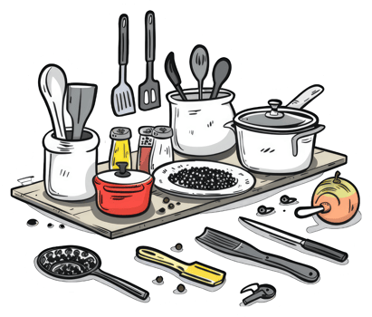 Kitchen Utensils and Cooking Supplies on a Wooden Board png