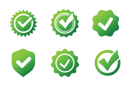 Set of green verification icons including checkmarks, shields, and badges, symbolizing approval, security, and quality assurance. Perfect for UI, branding, certification, and trust-based designs vector