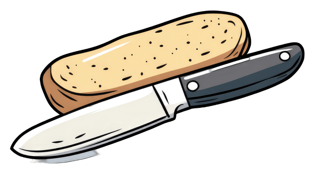 Loaf of bread and a knife ready to slice png