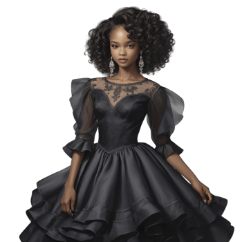 The black ball gown is designed with a ruffled skirt and a sheer top png
